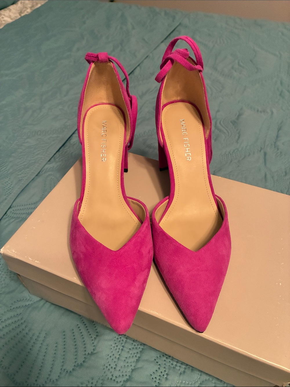 Marc Fisher Hot Pink Suede Pointed-Toe Ankle-Strap Heels